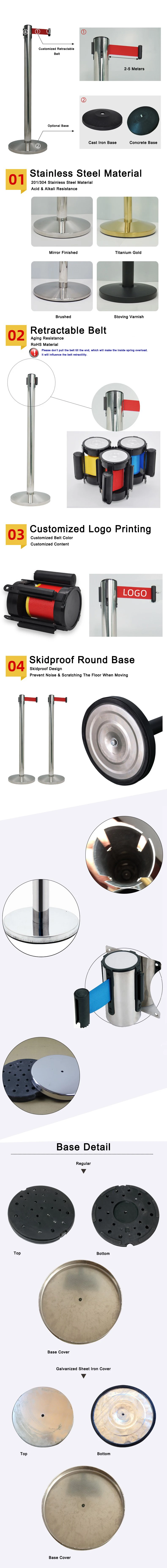 Factory Directly Metal Base Stainless Steel Isolation Belt Stanchion Pole