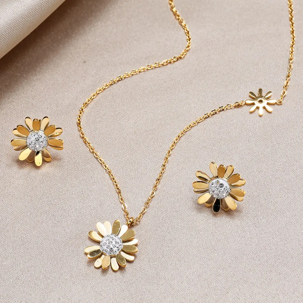 时尚不锈钢金色玫瑰金镀金菊花项链和耳钉套装饰品女性
