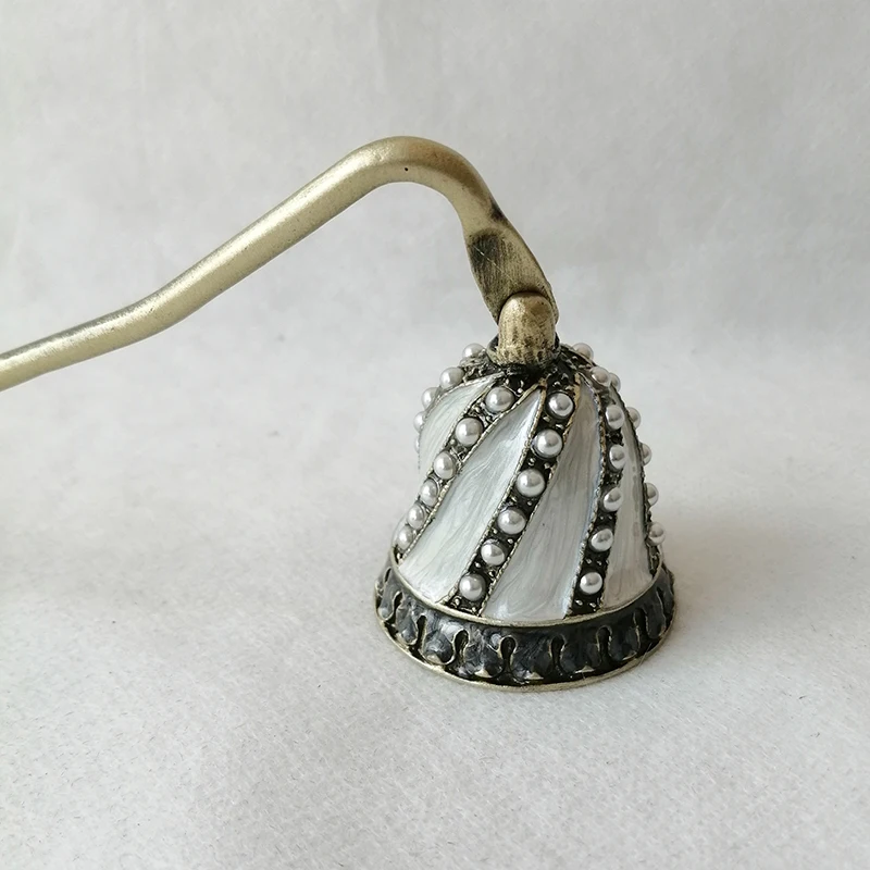 Antique Brass White Pearls Jeweled Metal Zinc Alloy Candle Snuffer