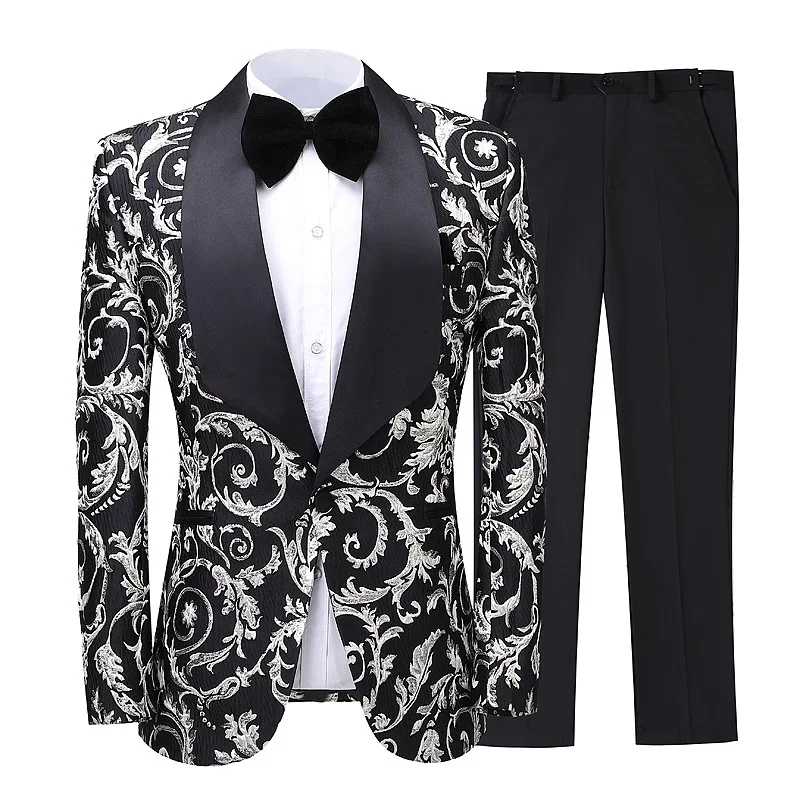 Men's 2 Pieces Floral Black Printed High Quality Ready To Ship Wedding ...