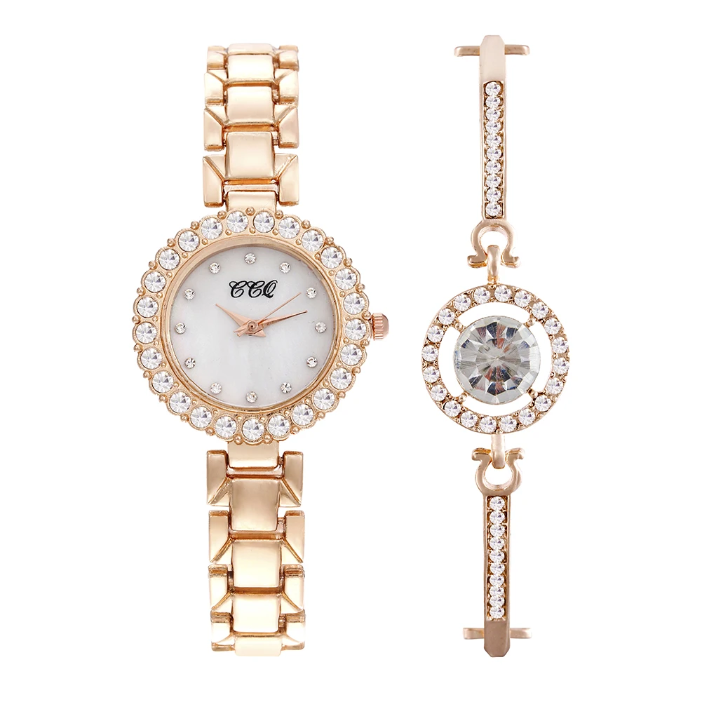Luxury Diamond Around Face Silver Ladies Watches Quartz 2 pcs Watch Bracelet Jewelry Set TW467