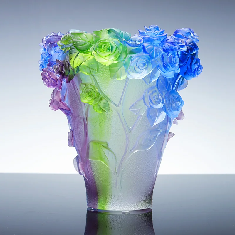 Luxury Antique Murano Crystal Vase High Quality Home Decorations Carved Rose flower Green Blue Color Casting Souvenir Gifts factory