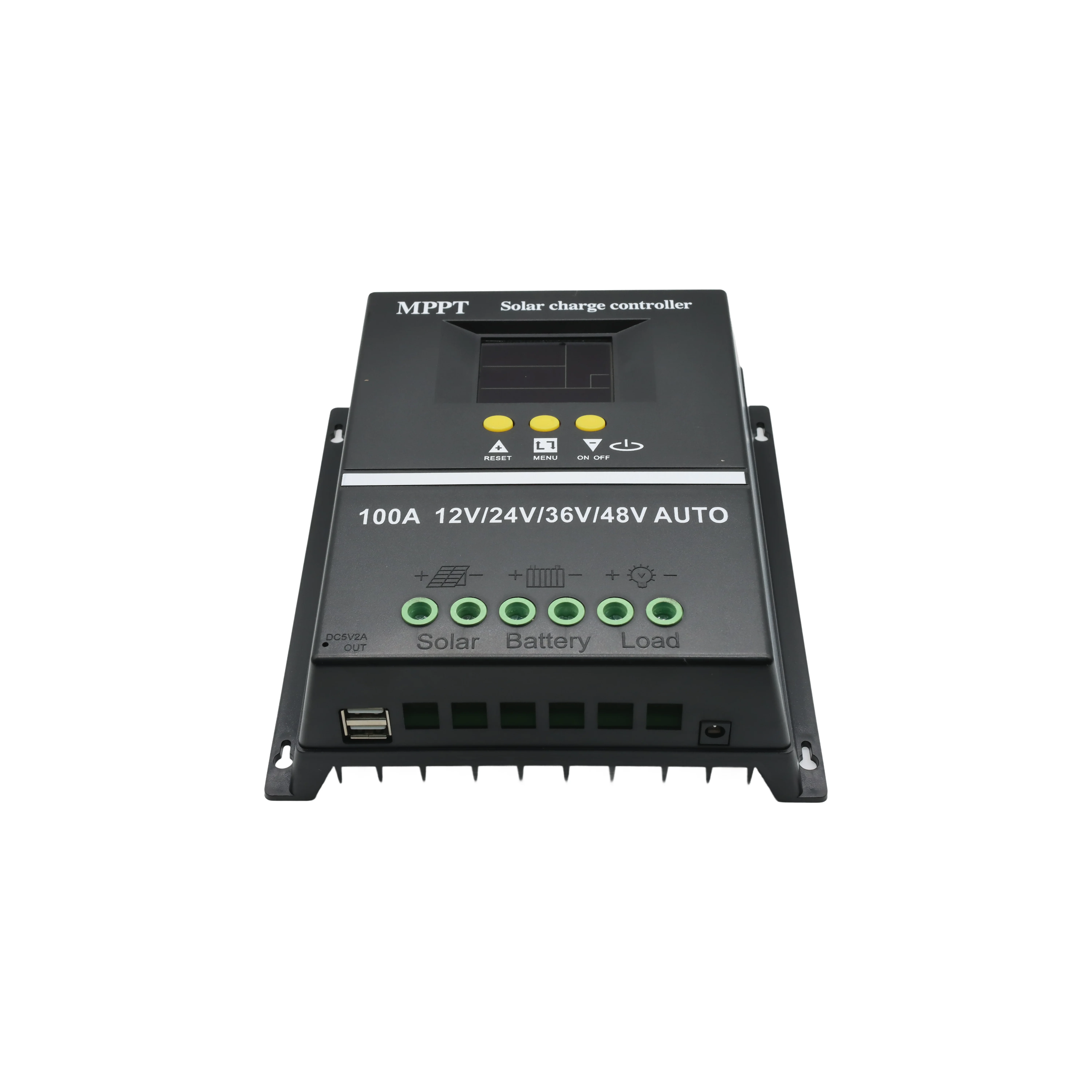 MPPT solar charge controller with LCD display showing battery voltage, solar input, and charging stage
