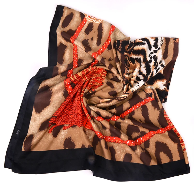 Design FENNYSUN 130*130cm Large Beautiful Twill Tiger Cat Leopard Print China Silk Scarf Cute Animals Twill Silk Satin Scarf