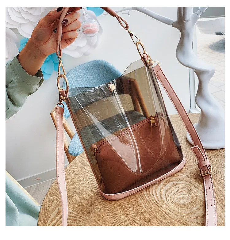 Ladies Clear Jelly Transparent Handbags 2pcs Set Bags For Women Purses