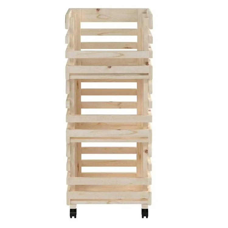 Portable 3 Tier Kitchen Vegetable Fruit Wooden Crates For Storage