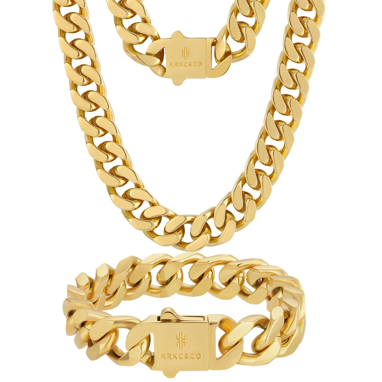 18k good yellow gold cuban link chain necklace and bracelet heavy quality Stamped set