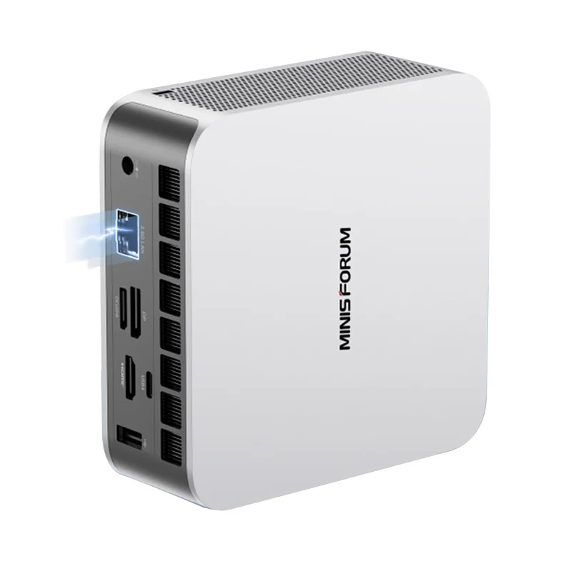 Side-by-side comparison showing industrial mini PC with DIN rail mount and standard consumer mini PC