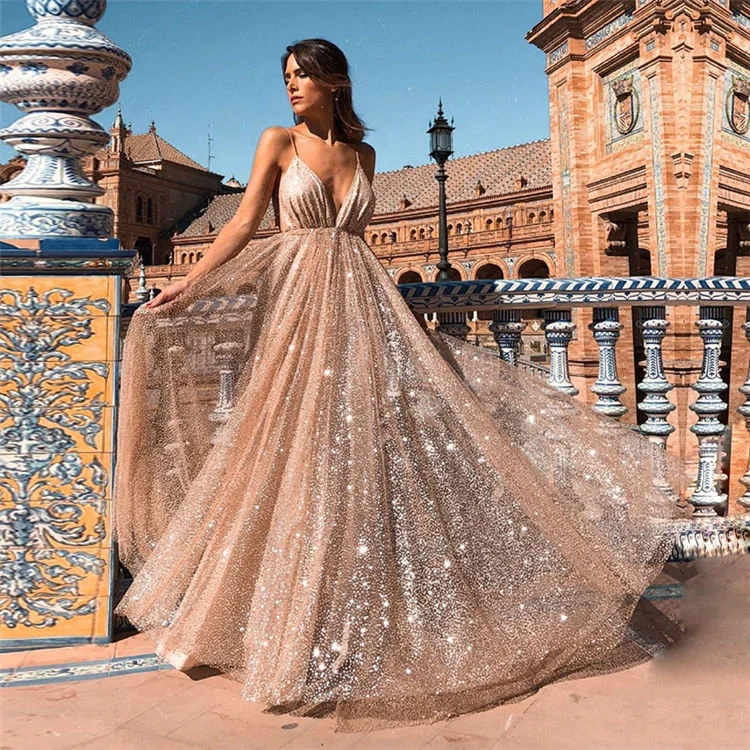 Fashionable chic design v-neck gown evening dresses women