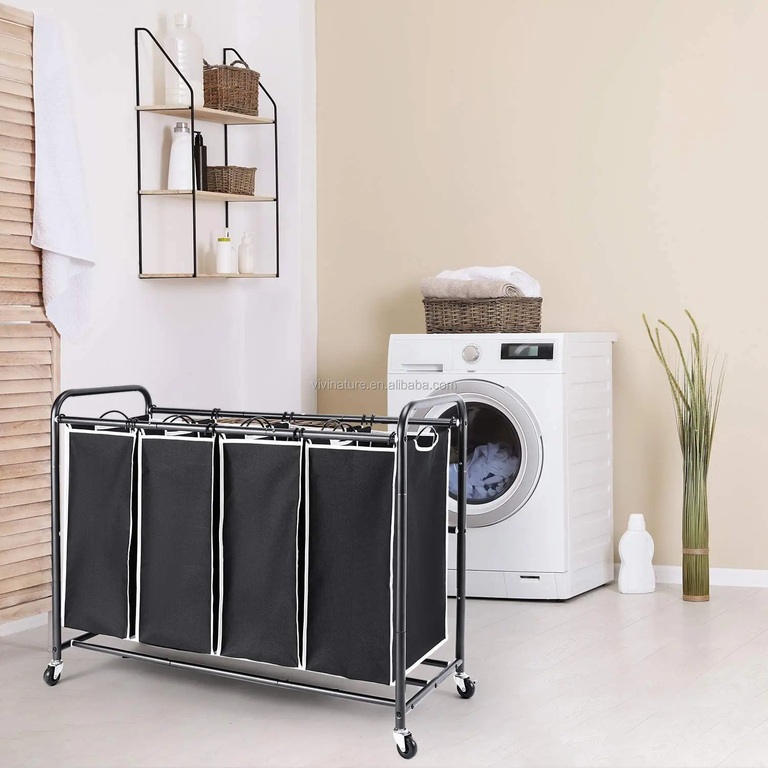 Grey Heavy Duty Rolling Wheels Laundry Sorter Cart With 3 Laundry Bags