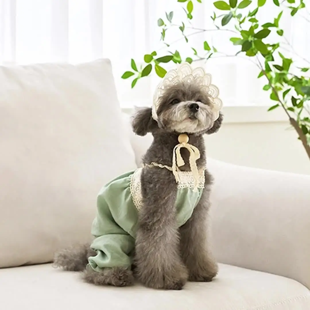 Lace Trim Pet Dog Jumpsuit With Hat Set Breathable Suspender Pants for  Small Dogs Cats Summer Clothes