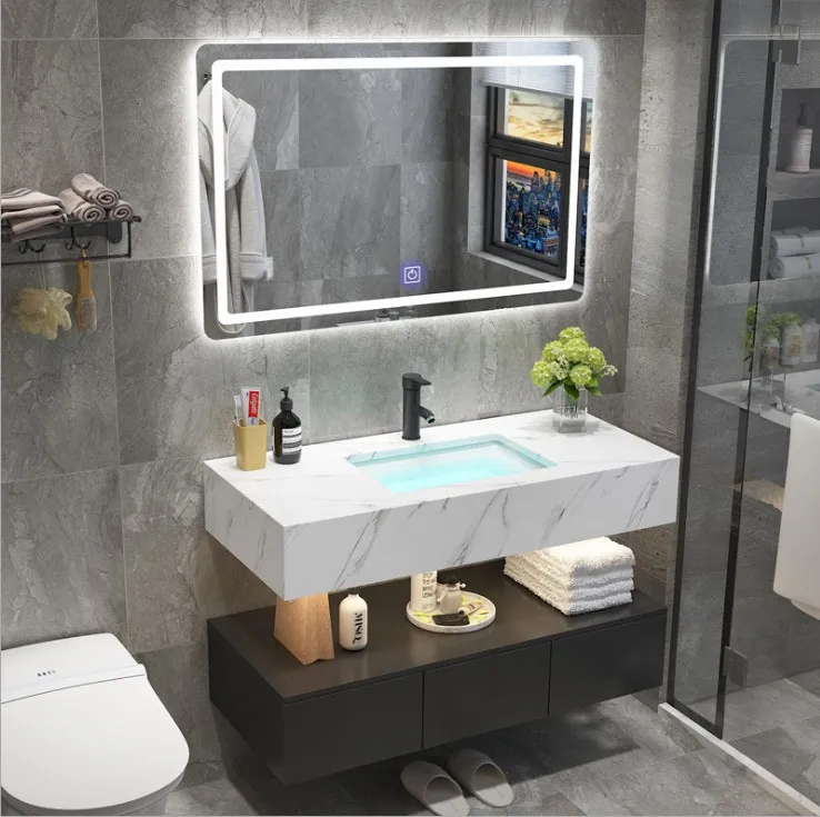 Wholesale White 36in Bathroom Vanity Cabinet Set With Single Sink Marble Top