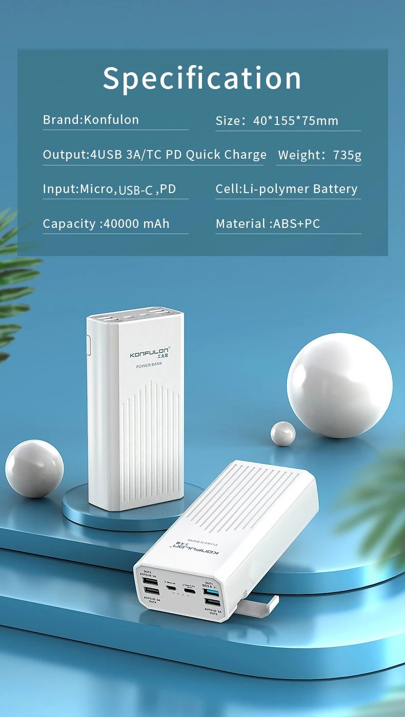 Konfulon Ultra High Capacity PD Portable Battery Phone Charger 40000 mah Power Bank with 4 USB for Mobile Power Supply - ANKUX.COM