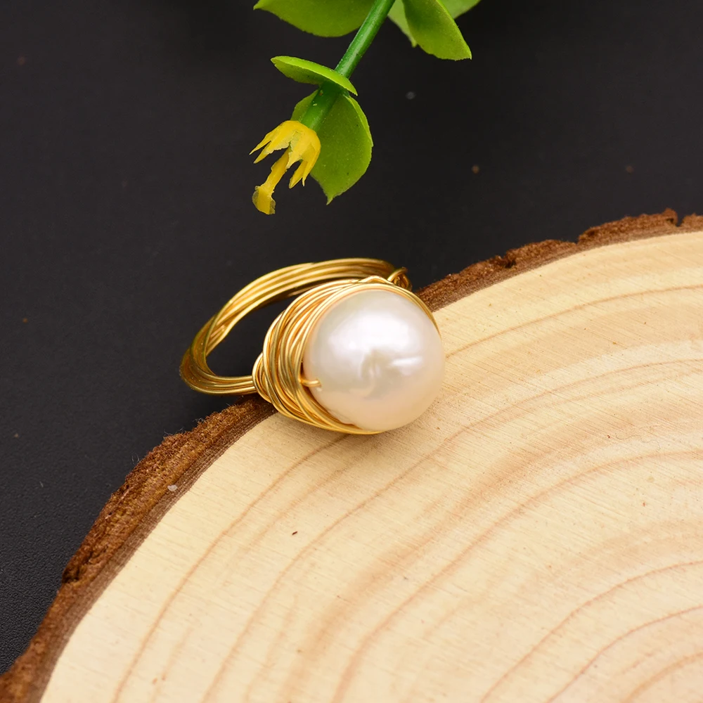天然白色淡水珍珠戒指妇女结婚手工复古戒指