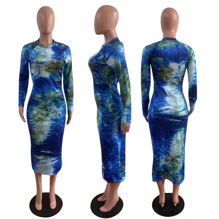 Best Seller 2021 Autumn Fashion Casual Long Sleeve Round Collar Tie Dye Ladies Dress Long Dress For Women