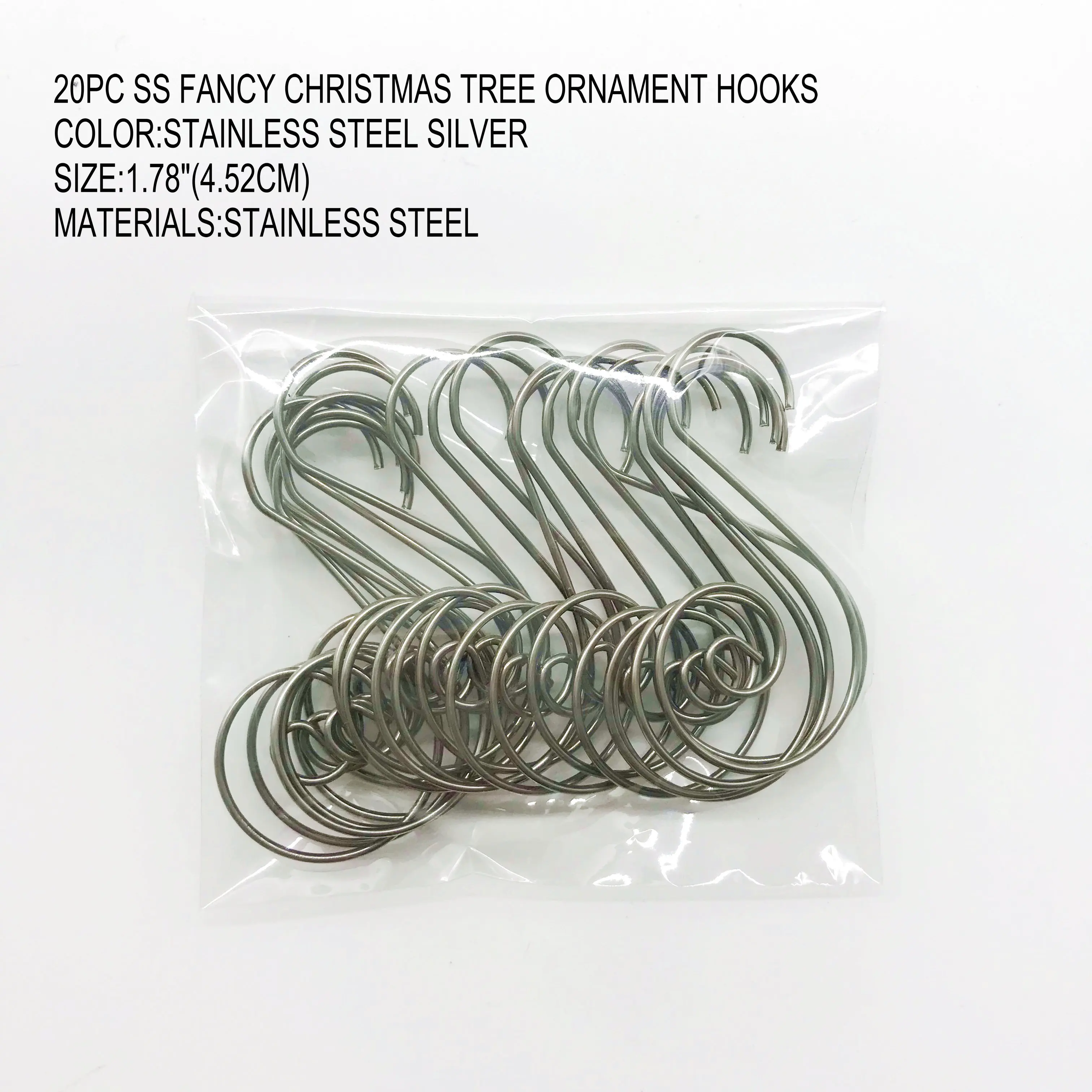 20pc Ss Fancy Christmas Tree Metal Ornament Hooks 1.78" Stainless Steel