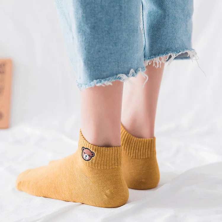 Women Socks Cute Bear Embroidery Custom OEM Socks Low Tube loose Socks Made Embroidery