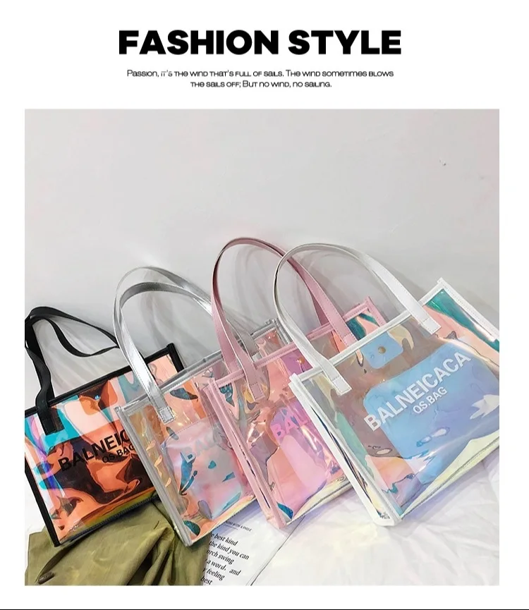 Wholesale Hot Selling fashion Cheap holographic Transparent PVC shopping bag  stylish college designer clear tote bags From m.