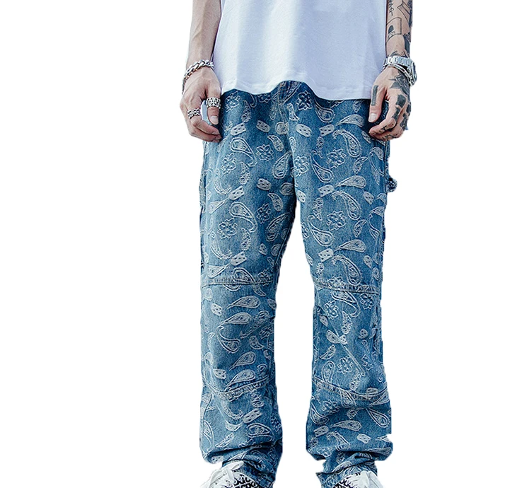 Pantalones De Pierna Ancha Personalizados,Vaqueros Con Estampado De Flores,Para  Hombre - Buy Streetwear Jeans Hombre,Jeans Precio Al Por Mayor,Pantalones  Vaqueros Holgados Para Hombre Product on Alibaba.com