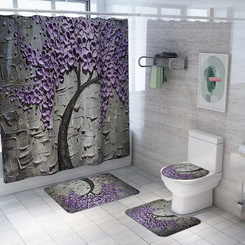 Carving Style  Anti Slip Bathroom Rug 4 Piece Set Custom horse print Shower curtain