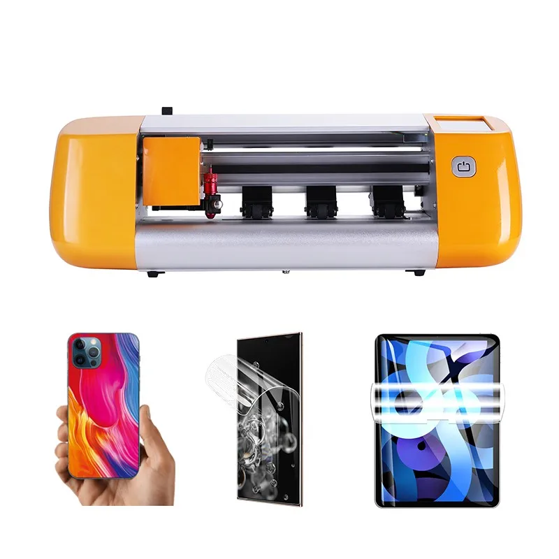 Compact mobile skin plotter machine cutting hydrogel film on a smartphone mockup