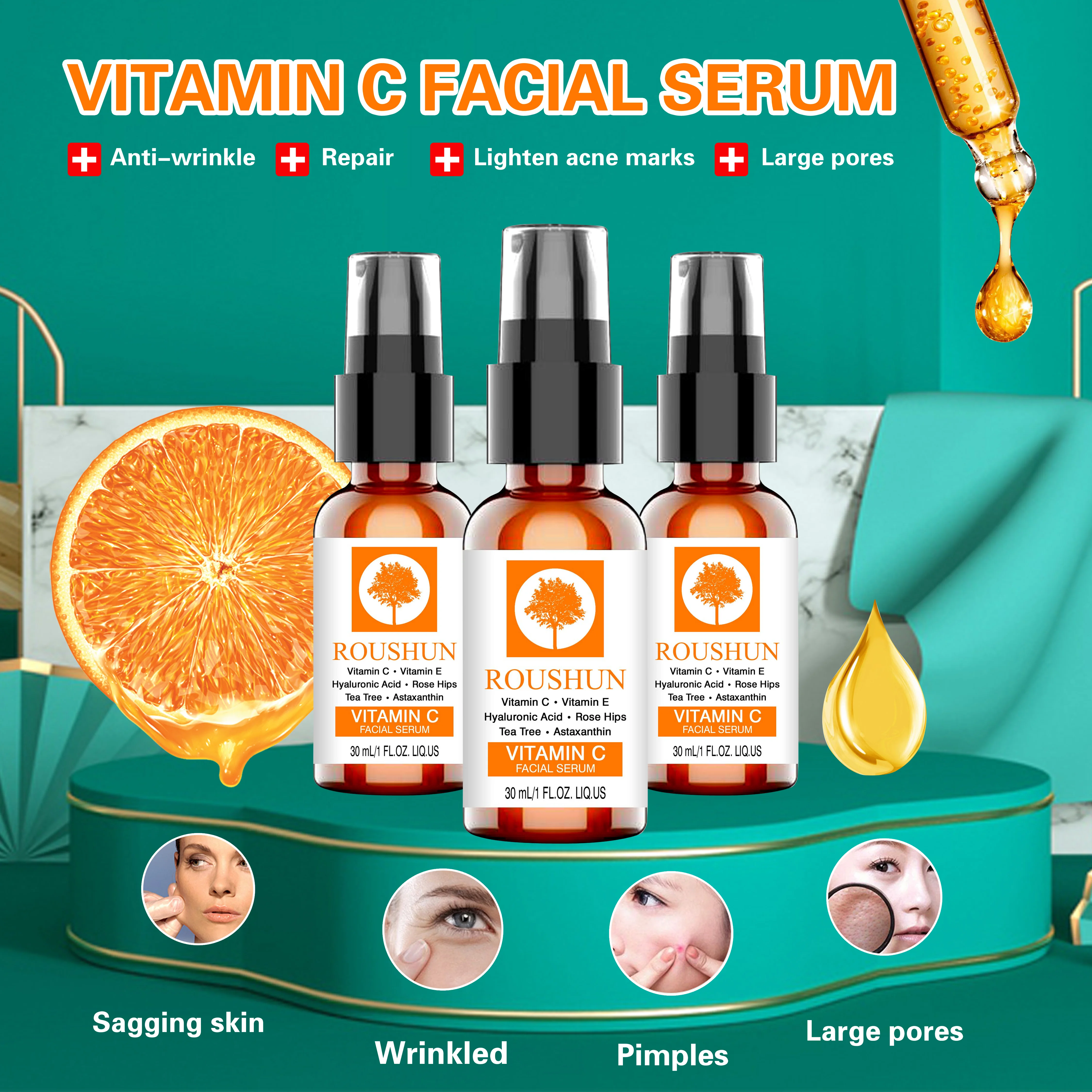 Roushun Vitamin C Facial Serum Anti Aging Anti Wrinkle Whitening 30ml ...