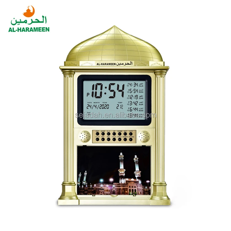 Side-by-side comparison showing USB-C port and CR2032 battery compartment on azan clock back panel