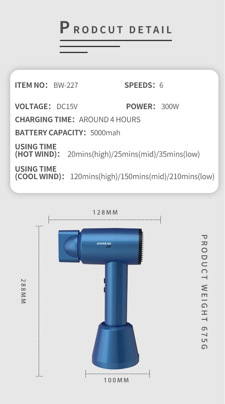 Rechargeable Portable Cordless Hair Dryer 300w Lithium Battery Charging Wireless Dryer Blue