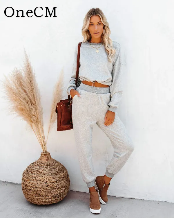 
Autumn winter commuter round neck elastic band sports thermal leisure sweater suit set 