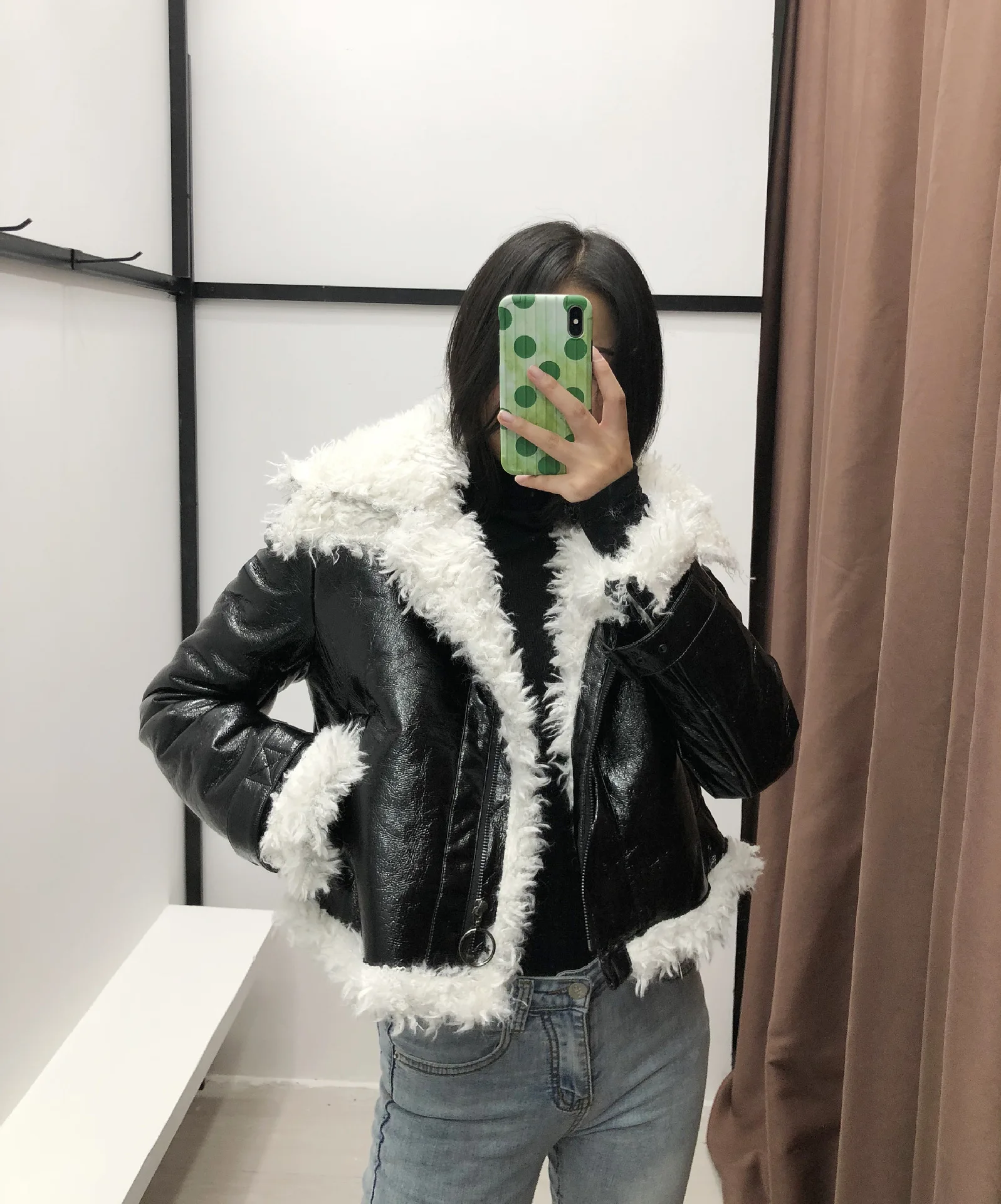 Fall Winter Black Biker Leather Jacket Coat White Faux Fur Fashion Casual Women Short Jacket 6990