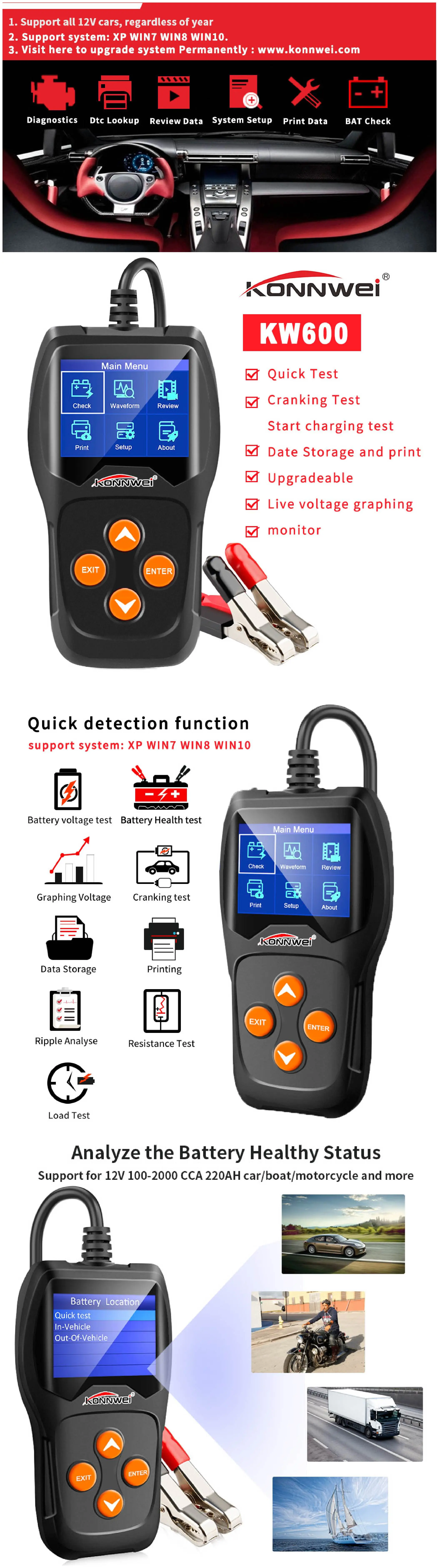 Konnwei Kw600 12v Auto Battery Tester Digital Alternator Tester Lcd Display Car Diagnostic Tool