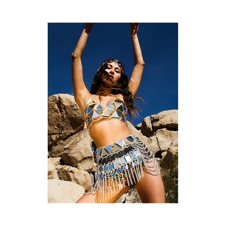 
YH5209 Mirror reflection Women Sexy Beach Bikini Sparkly Jewelry Bra Set Quartz Body Chain 