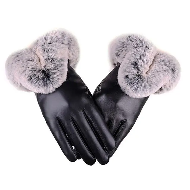 Women Winter Leather Gloves Warm Fur Full Finger Mittens Driving