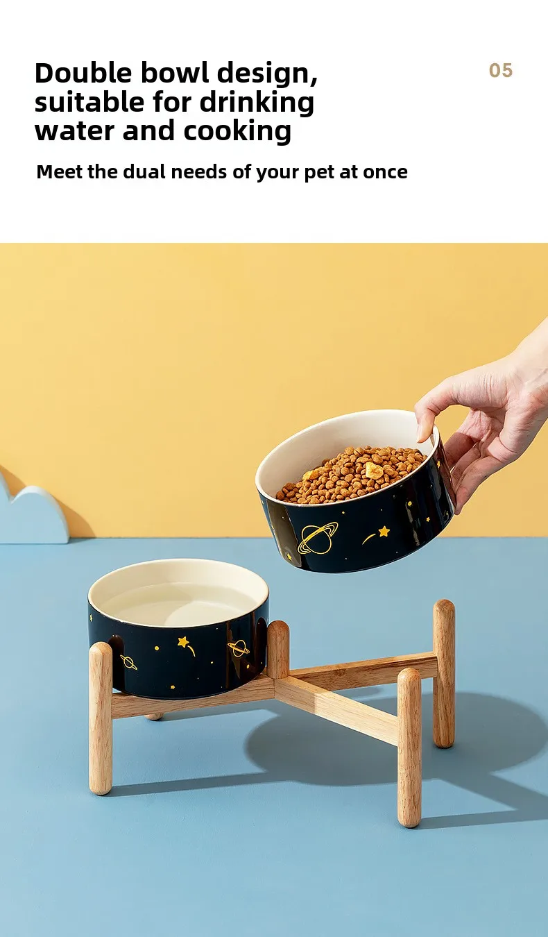 Ceramic Double Dog/Cat Food Bowl Protective Rack High Foot Design Solid Pattern Eco-Friendly Cervical Spine Protection Pet Water