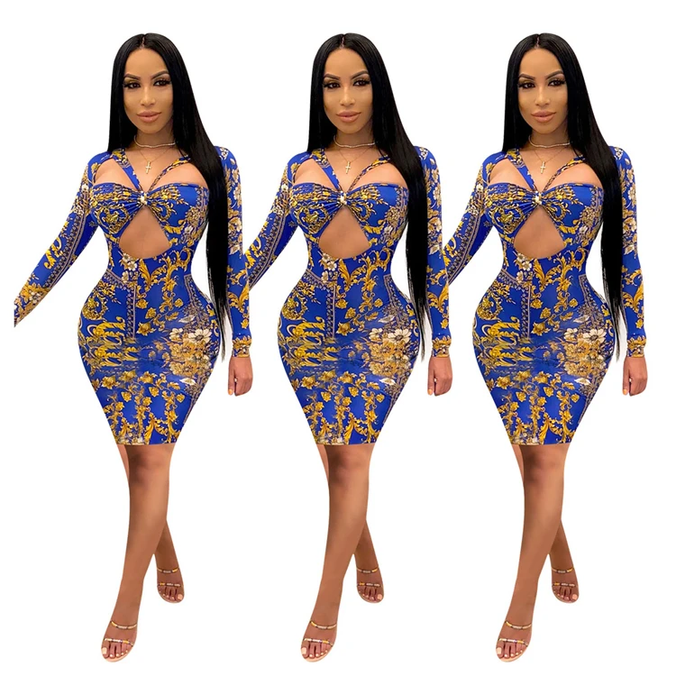 Good Quality New Design Fashion Casual Autumn Dress Sexy Digital Print Hollow out Ladies Dress Women Clothing