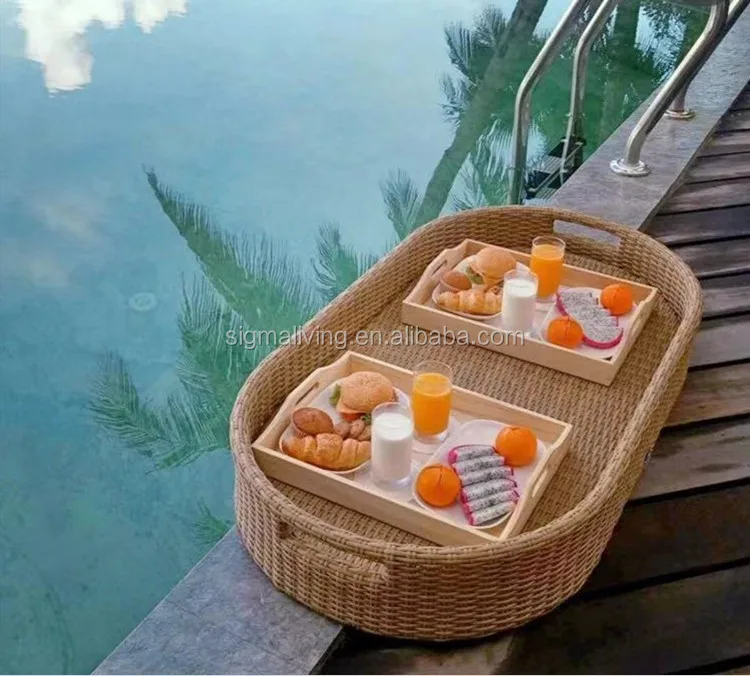 Swimming pool floating breakfast tray water basket rattan party serving tray