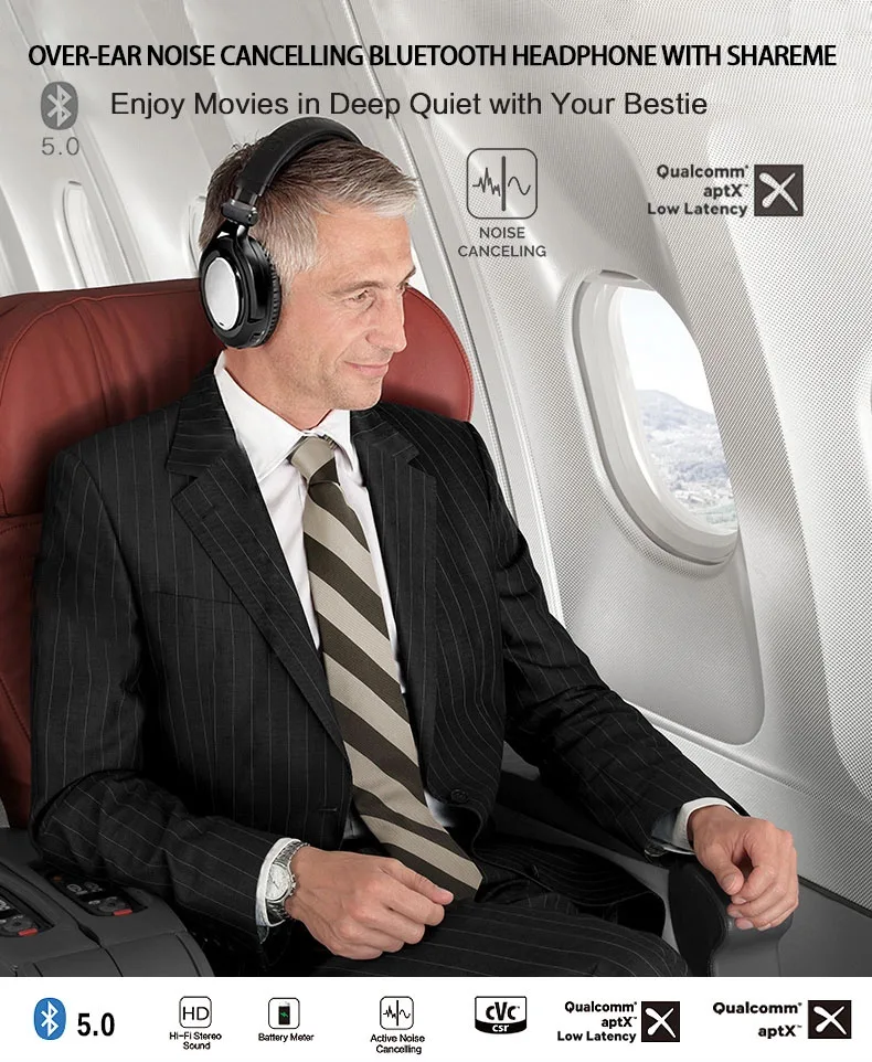 Foldable Over the Ear CSR8670 Wireless Noise Cancellation Headset ANC Headphones with Extra Comfortable Earmuff