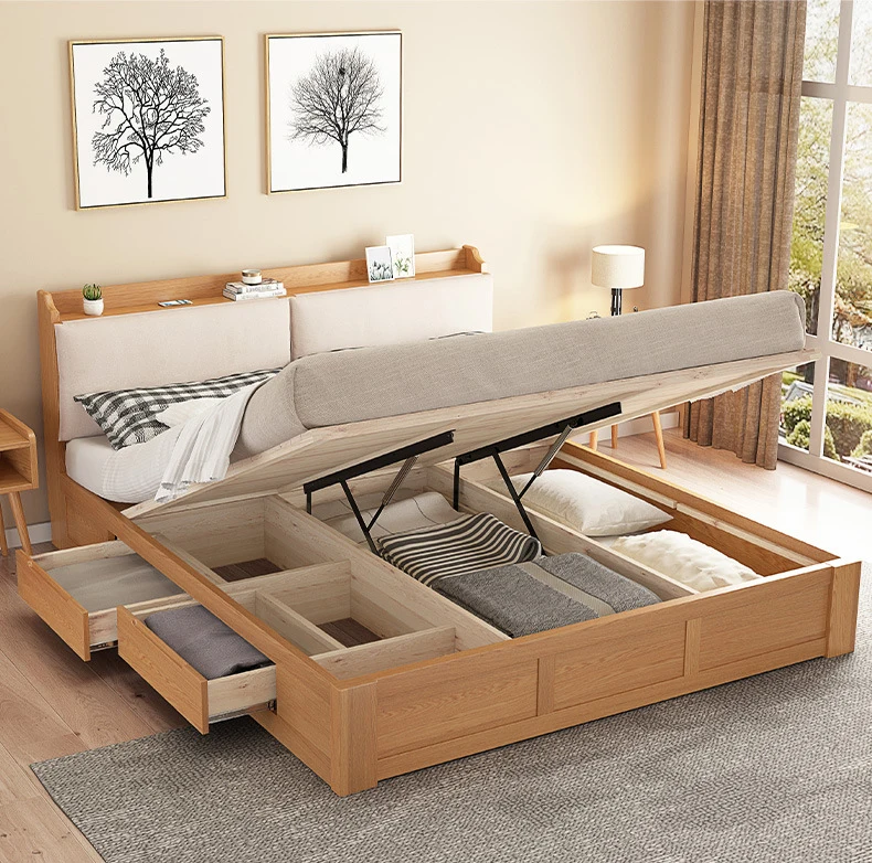 product-High quality wooden home furniture floor wooden bed with storage box solid wood bed queen si-1