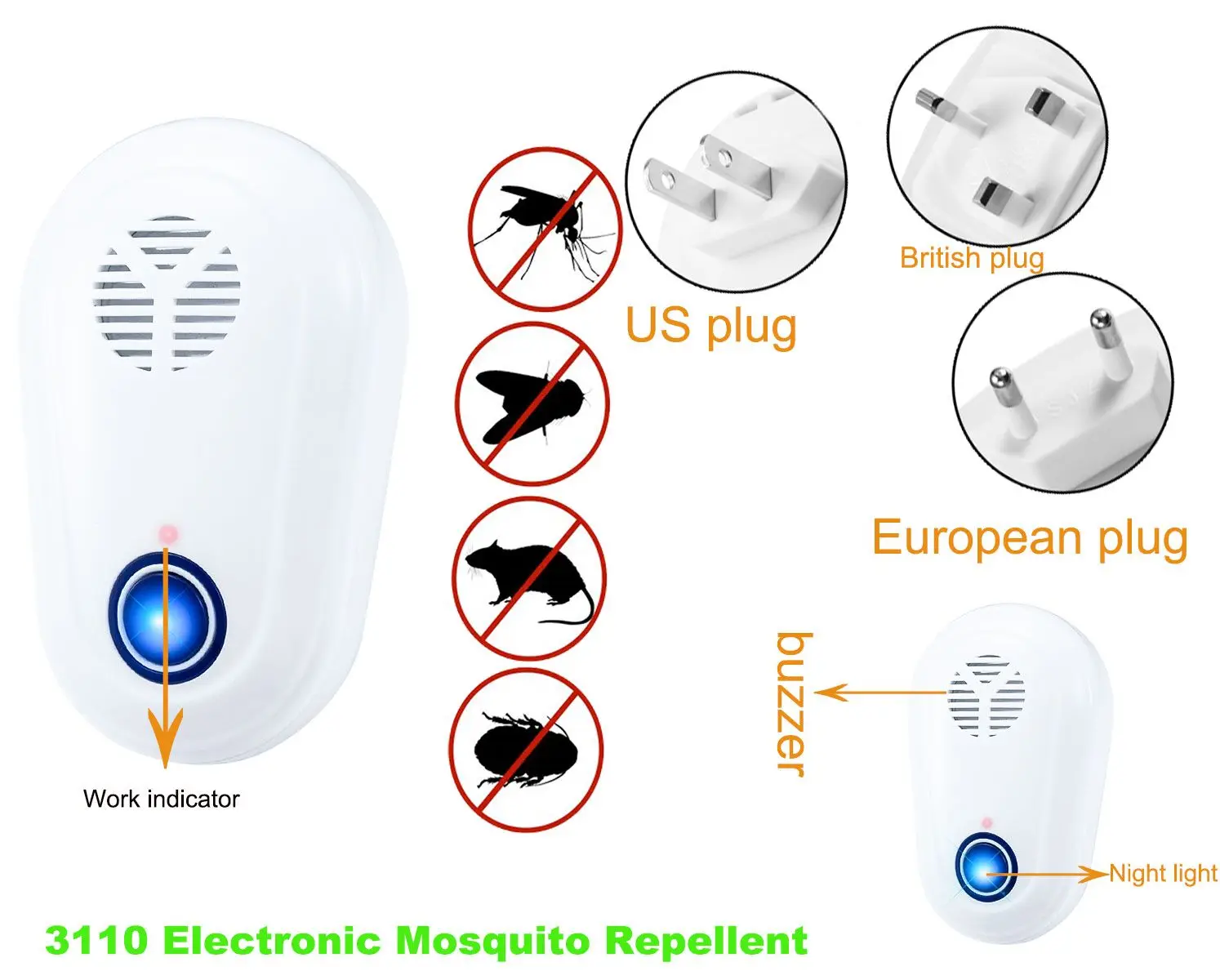 Portable Electronic Bug Mosquito Repellent Ultrasonic Pest Rat Mouse Repeller Kill Mosquito+ Killer Insect +lighting Indoor Room factory