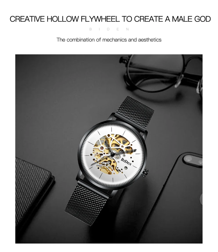 BIDEN 0052 Orologio meccanico da uomo di lusso blu 2025 con cinturino in maglia metallica, quadranti cavi, decorazione, orologio da polso automatico scheletrato vintage