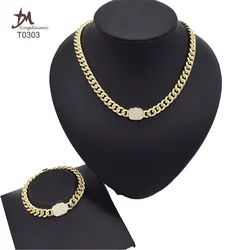T0303 Hip hop High quality zircon Cuba link necklace bracelet set jewelry 18k gold jewelry set Cuba link jewelry set