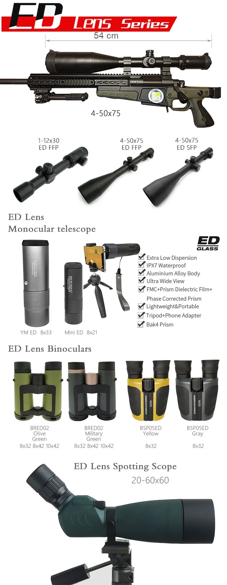 Secozoom 8x32 10x42 Long Range ED Anti Porro Binoculars For Hunting,Hiking,Camping
