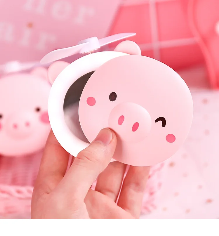 Cute Pig Portable Handheld Cooling Fan LED Makeup Mirror Air Cooler Rechargeable 