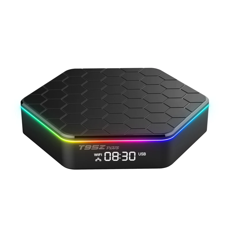 Custom Android TV box with front-panel logo engraving and matching remote control