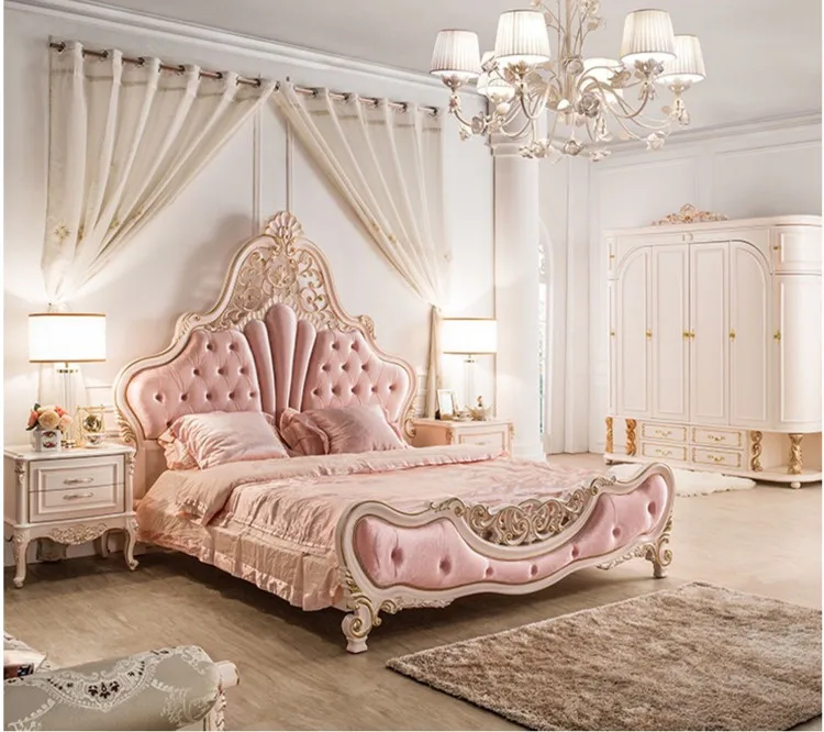 European Style Solid Wood Master Bedroom Wedding Bed Golden Carved Pink