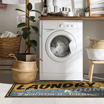 Laundry Mat Machines Commercial Washable Checkered Border Rug Non-slip ...