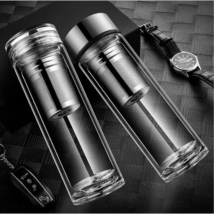 Custom Double Wall Borosilicate Glass Water Bottle With Tea Infuser