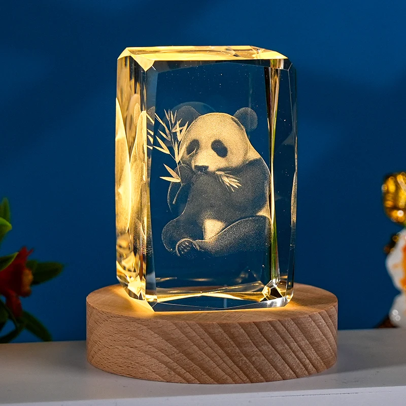 K9 Crystal Gifts 3d Laser Engraved Crystal Glass Cube Panda with LED light base details