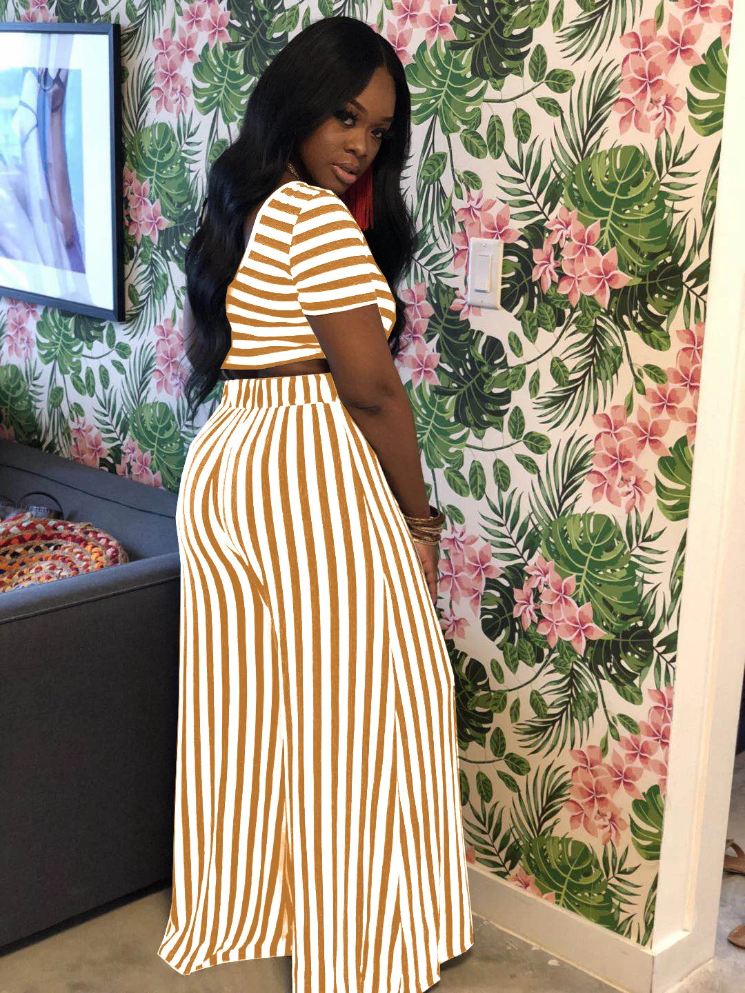 H5001 Casual Colorful stripe pattern crop top short sleeve straight-leg pants women two-piece sets 2020
