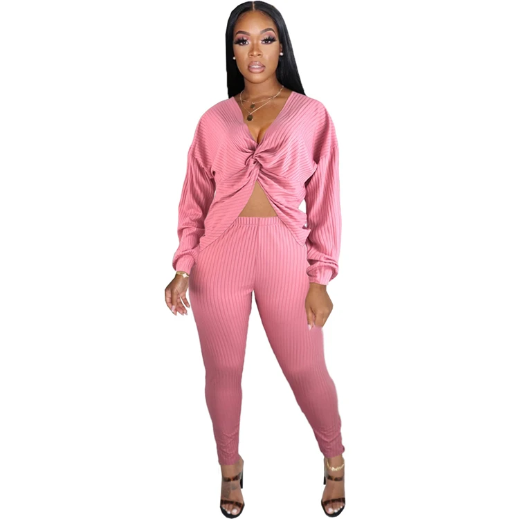 New Sexy Fashion Casual V Neck Solid Color Top And Pants Sexy 2 Pcs Track Suit Outfits Two Piece Set Women Clothing